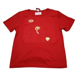 PGB Shirt Womens M Red Embroidered Round Neck Short Sleeve Shoulder Pads Top